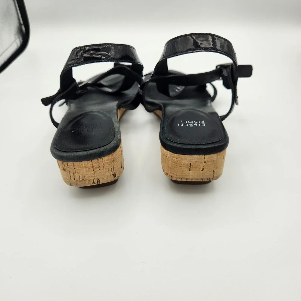 Eileen Fisher Women's Sz 9.5 Black Patent Leather Cork Low Wedge Strappy Sandals